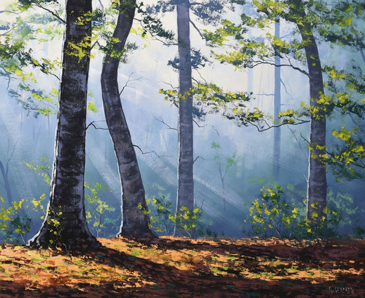 Large Trees Painting: Capturing Autumn's Forest Sunlight with Fall Leaves - A Spectacular Woodland Oil Painting Illuminated by Sun Rays