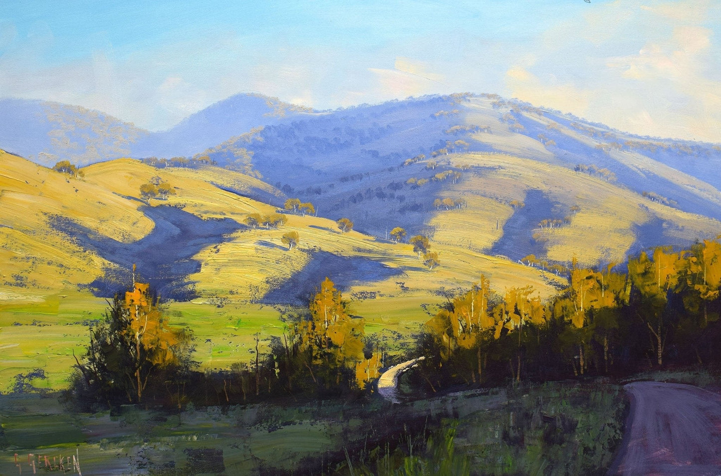 Hilly landscape oil painting near Mudgee by Graham Gercken, 30x20 inches.