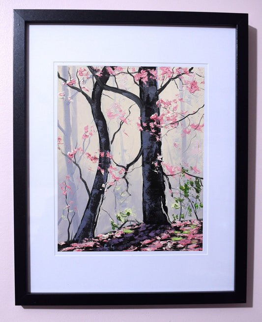 Framed Oil painting pink forest trees by Graham Gercken