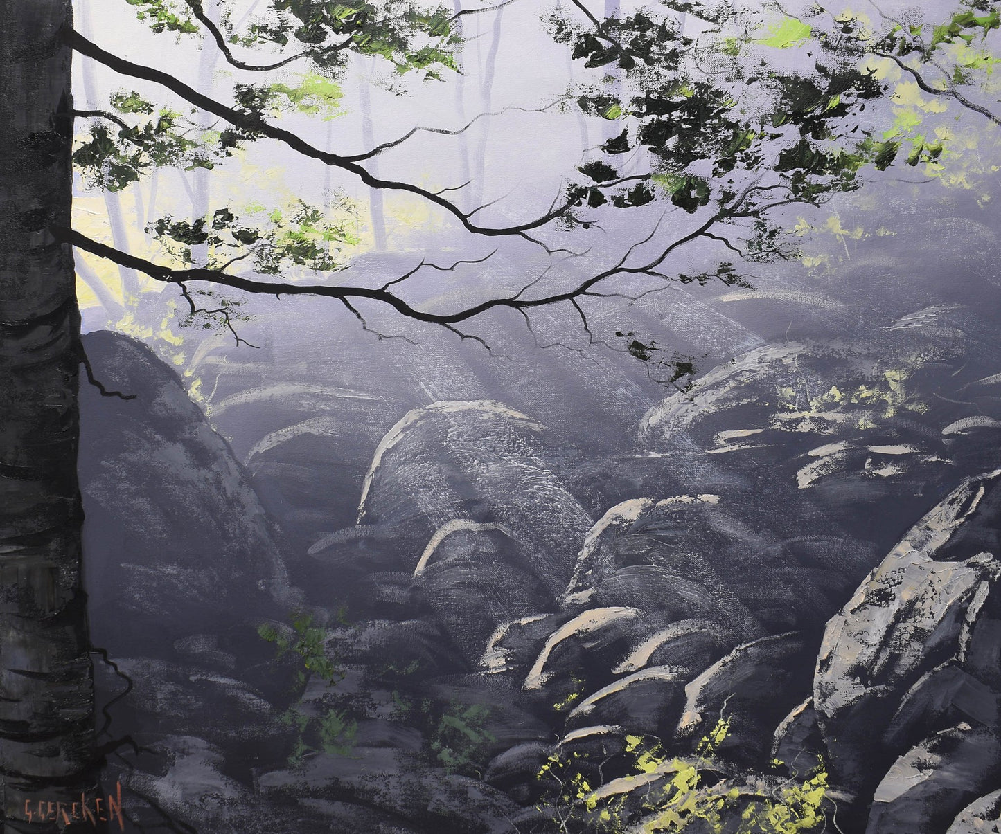 Oil Painting Sunrays  across the rocks