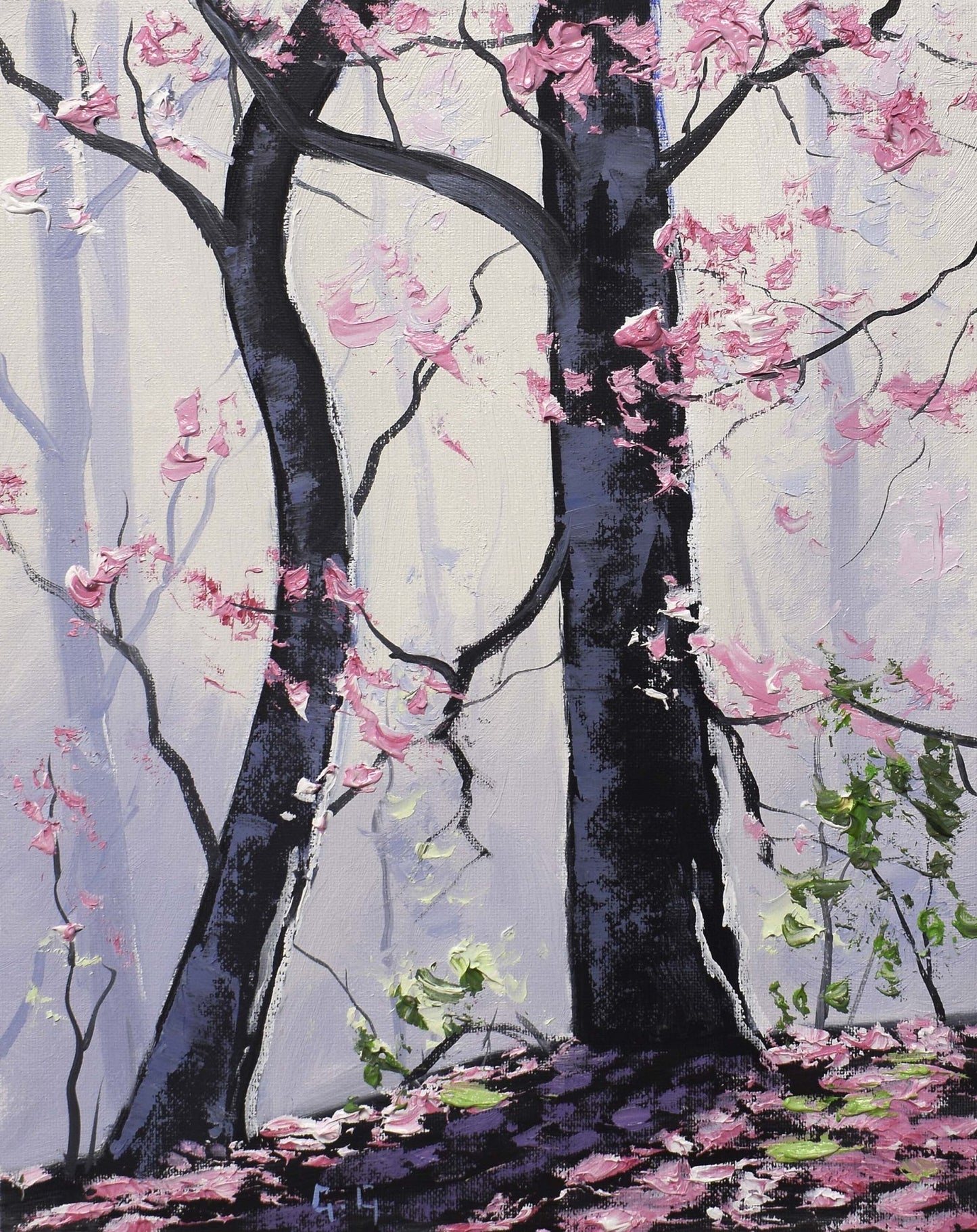 Framed Oil painting pink forest trees by Graham Gercken