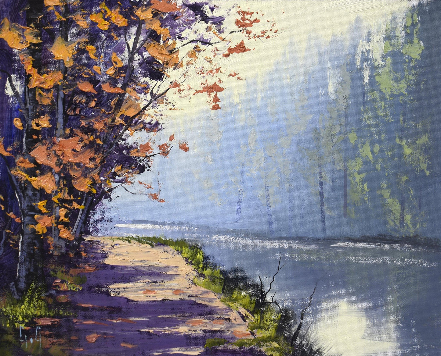 Framed Autumn lake painting by Graham Gercken