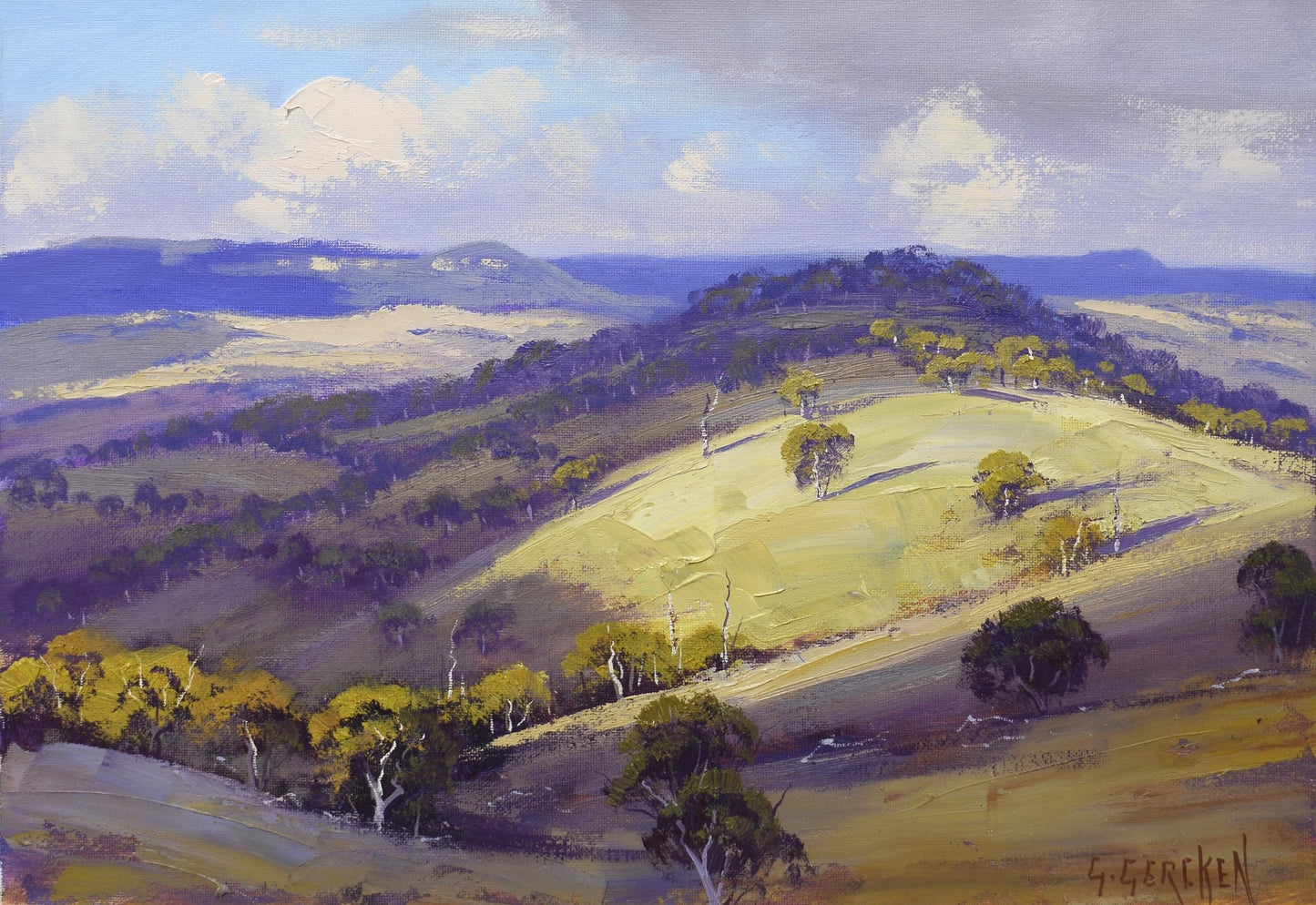 Australian Landscape Framed oil painting sunlit hills