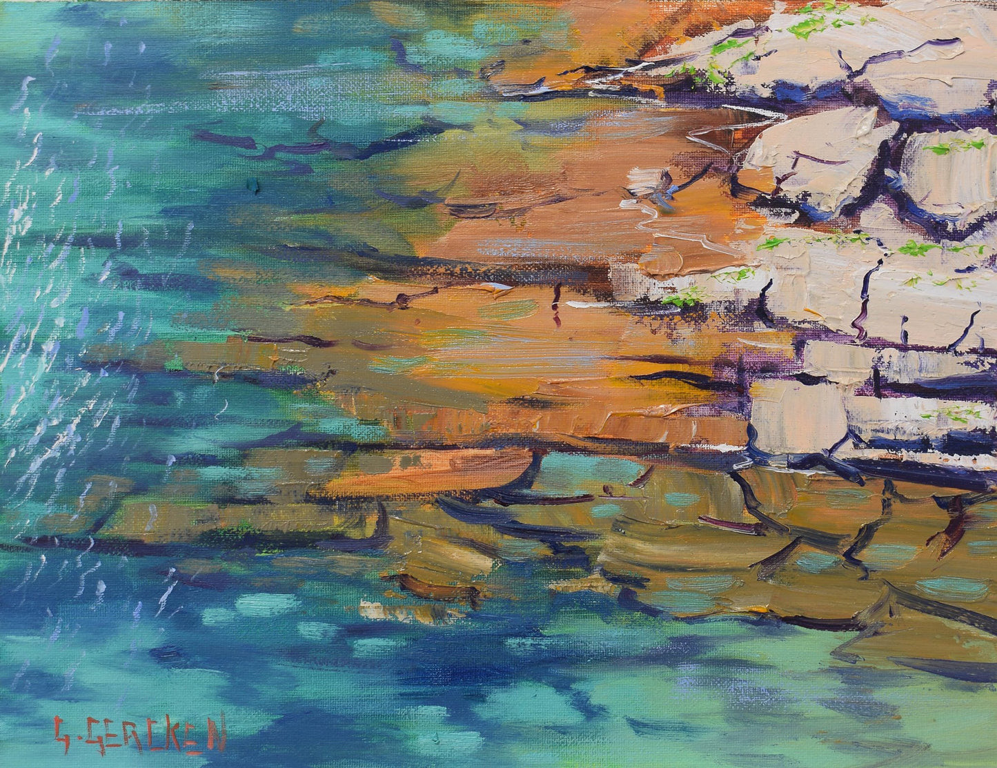 Framed Rocky shore painting by Graham Gercken
