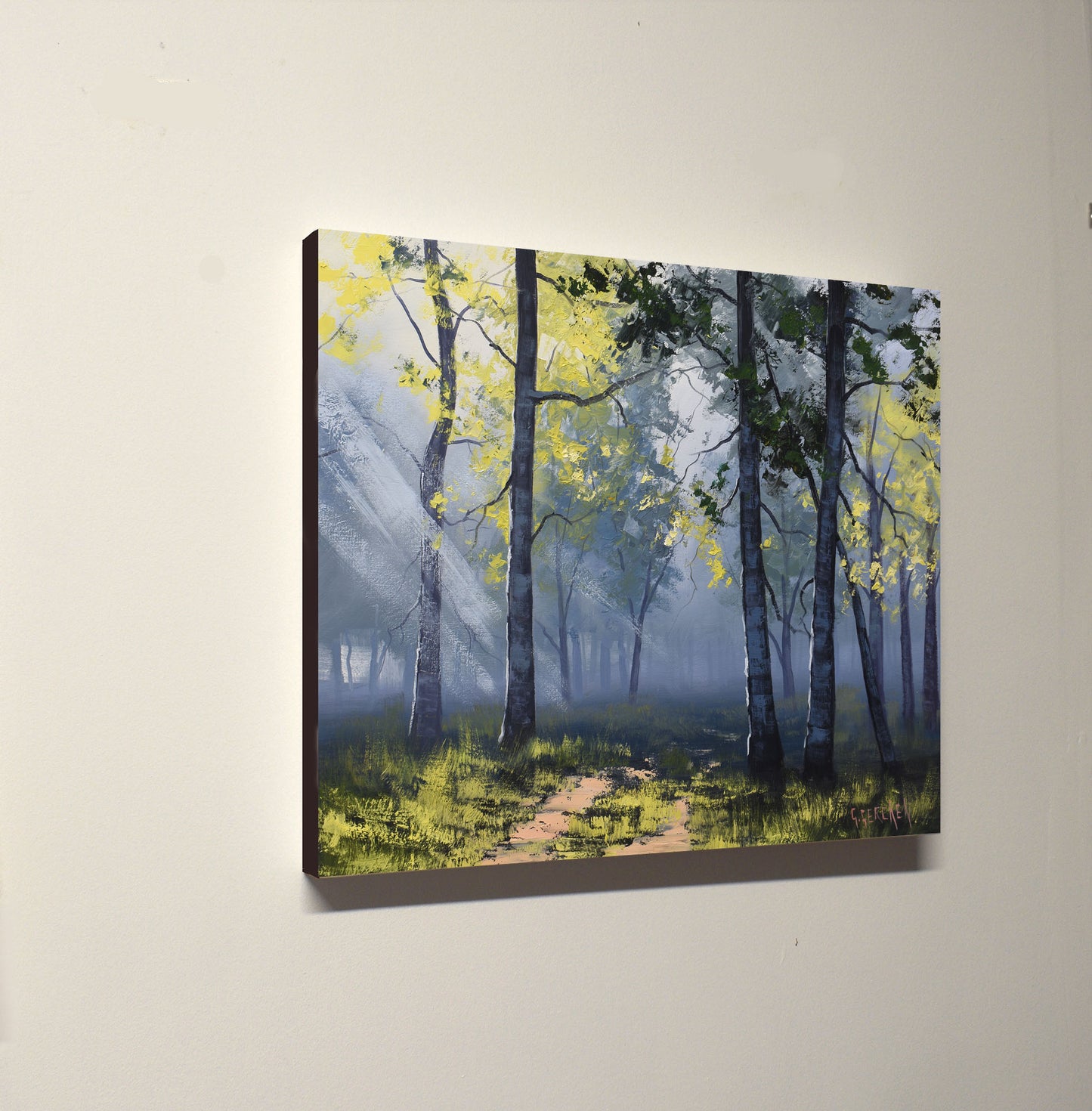 Captivating Green Forest Trees and Sunrays: Original Oil Painting by Artist Graham Gercken