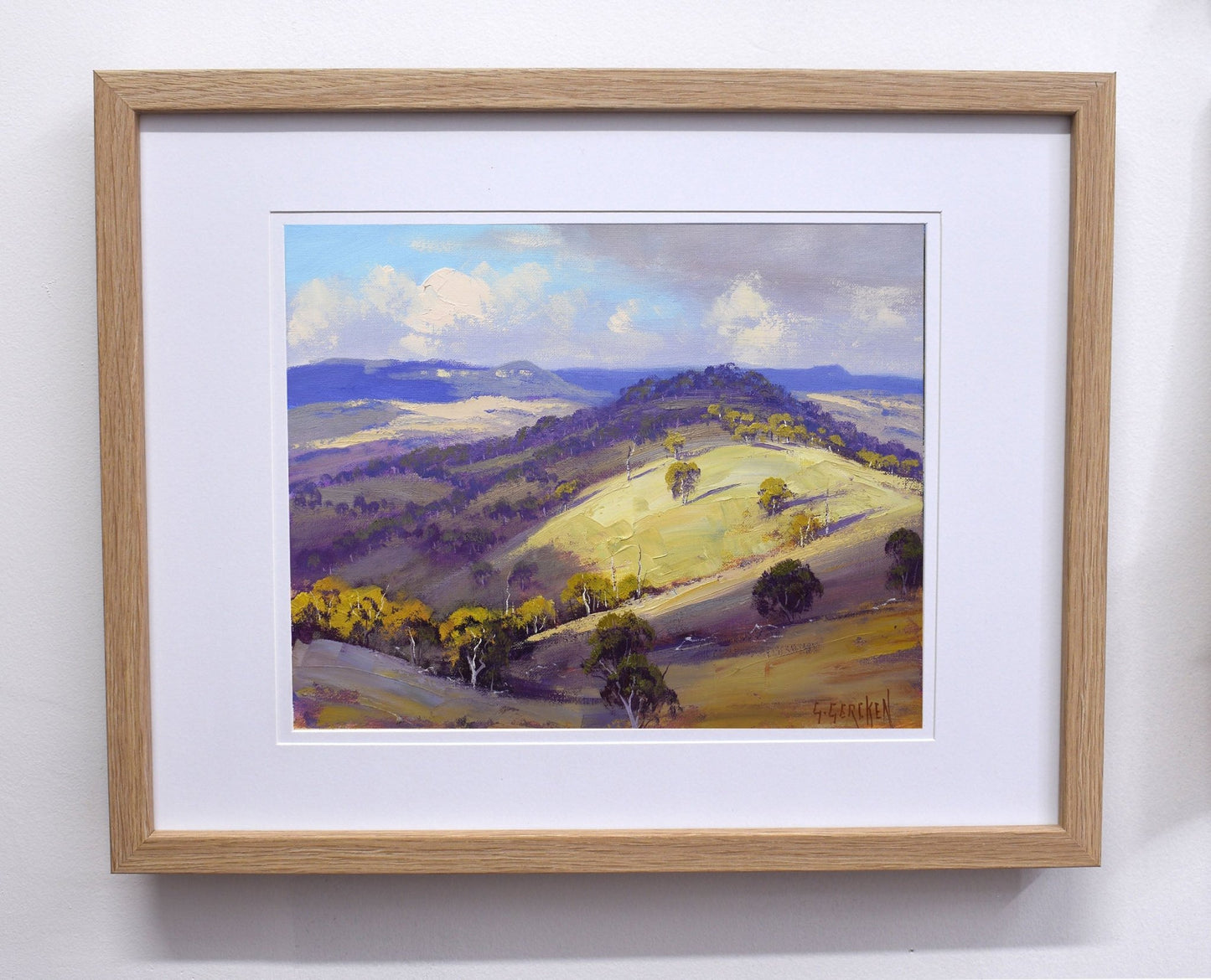 Australian Landscape Framed oil painting sunlit hills