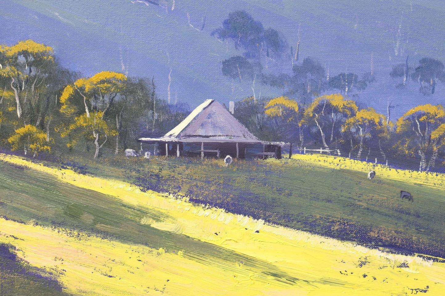 Large  original oil painting Late Afternoon Australian Hilly landscape with farm house and grazing sheep