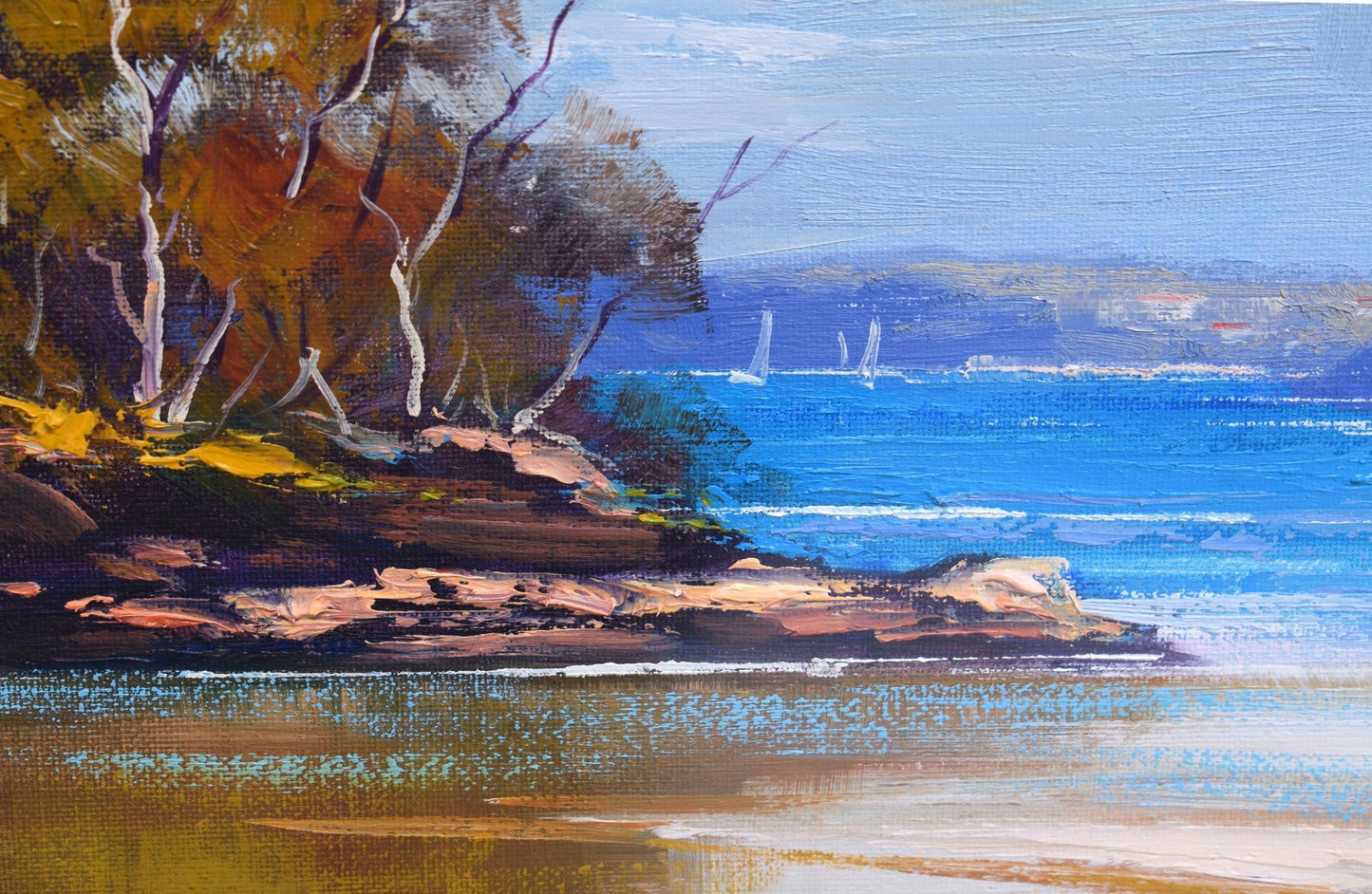 FRAMED ORIGINAL OIL PAINTING BEAUTIFUL EXPRESSIVE SEASCAPE COLLINS BEACH SYDNEY HARBOUR BY GRAHAM GERCKEN