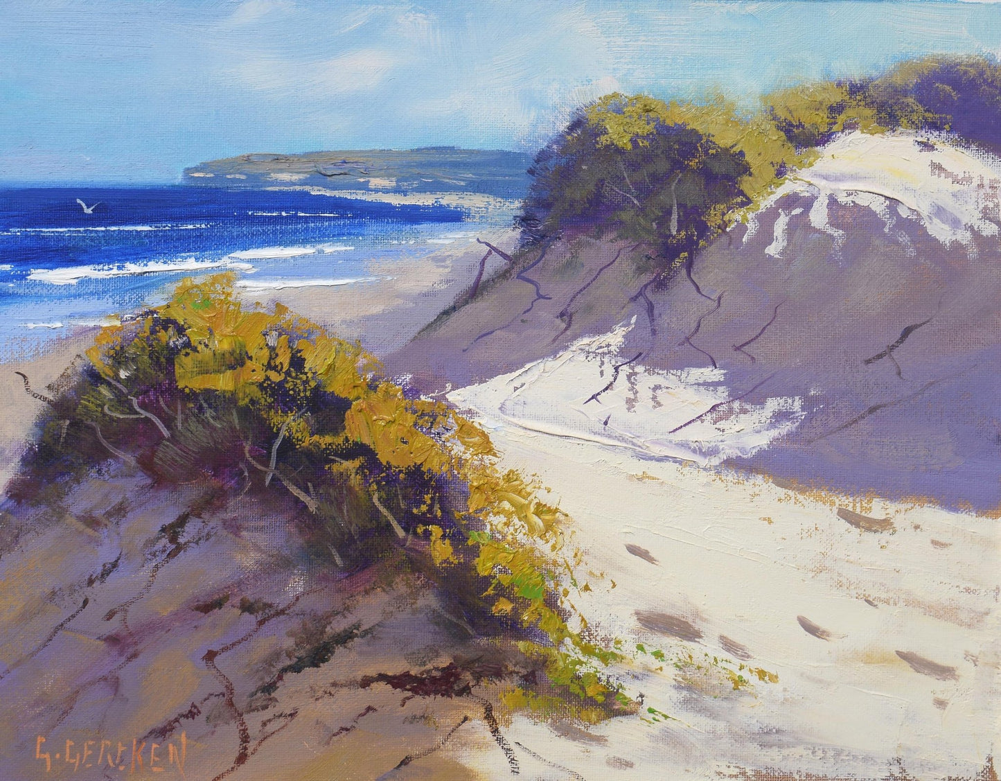 Sandy Australian beach dunes original framed oil painting impressionist seascape by Graham Gercken