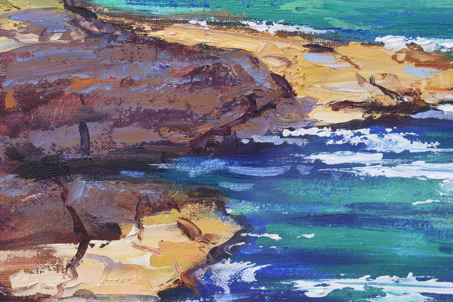 Rocky shore to  Bondi Beach original framed oil painting impressionist seascape by Graham Gercken