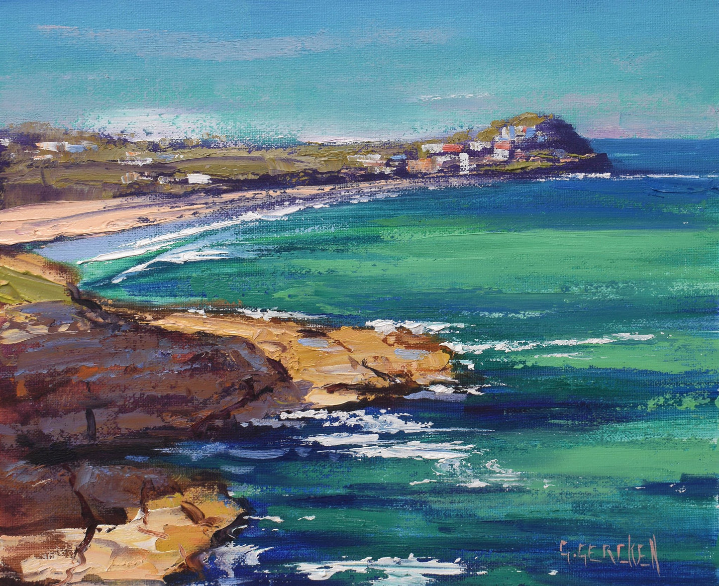 Rocky shore to  Bondi Beach original framed oil painting impressionist seascape by Graham Gercken