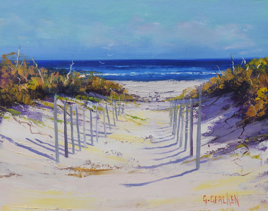 Sandy beach Path original framed oil painting impressionist seascape by Graham Gercken