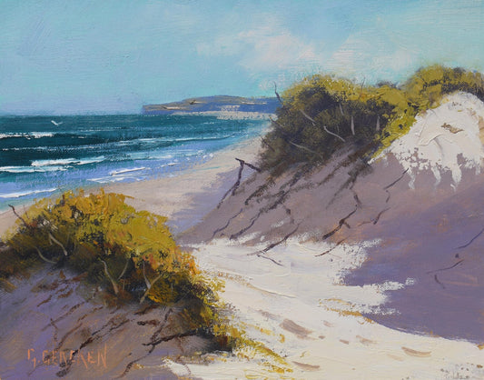 Sandy Australian beach dunes original framed oil painting impressionist seascape by Graham Gercken