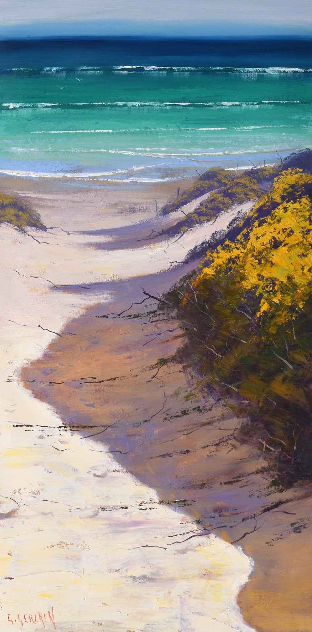 Beach Paintings, beach dunes, sand dunes, Original oil painting, vertical painting, coastal seascape, beach scene, turquoise water,