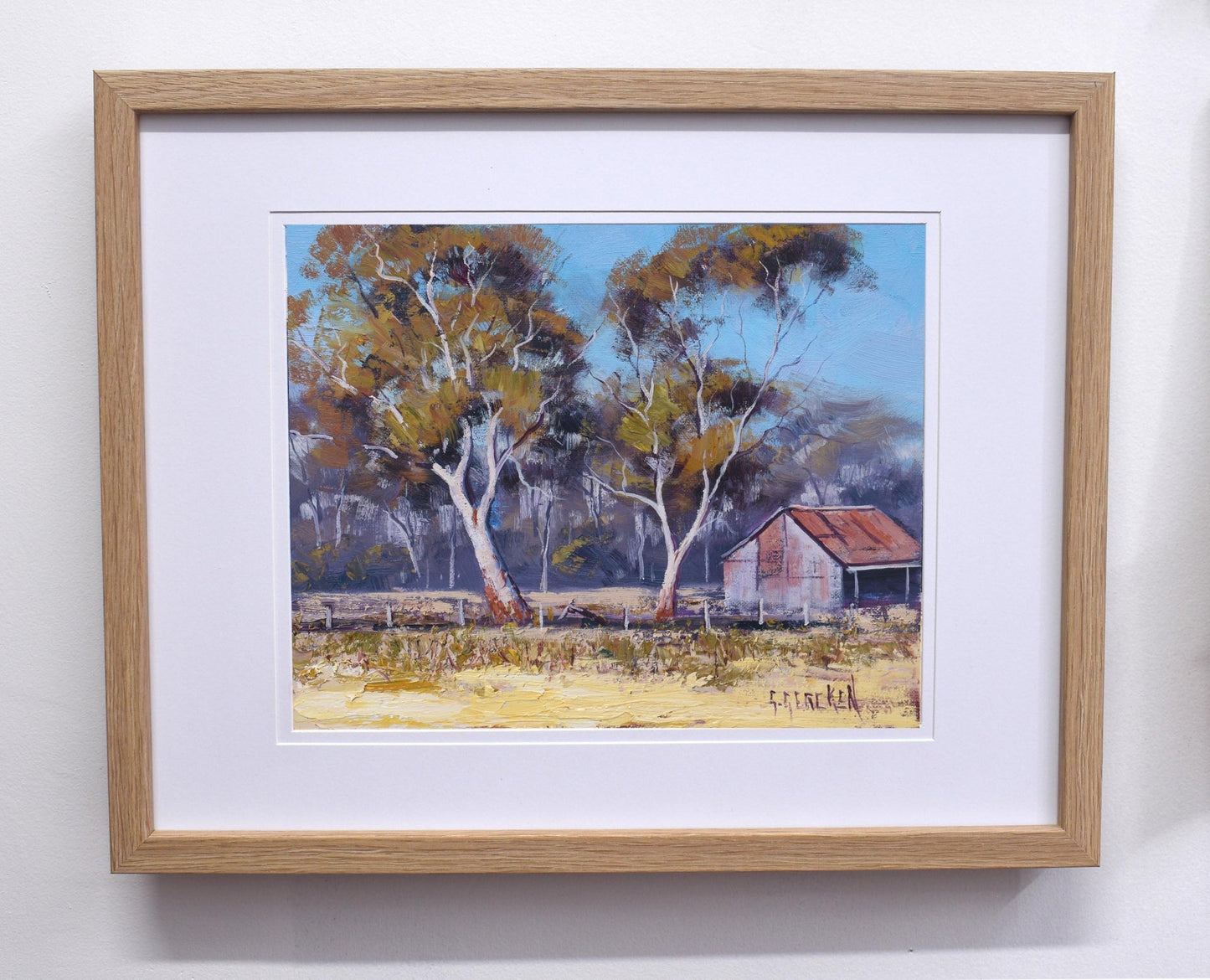 Australian Landscape, Gum Trees with old Rustic  Farm Sheds,  framed oil painting on canvas , by  Graham Gercken