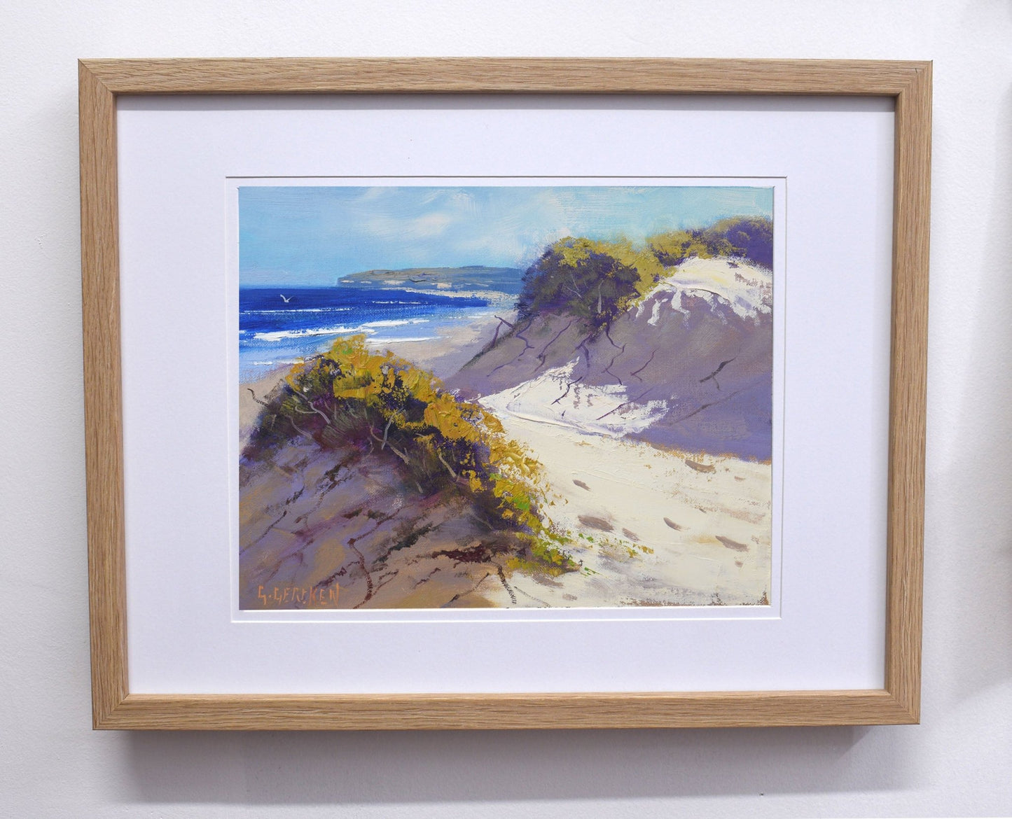 Sandy Australian beach dunes original framed oil painting impressionist seascape by Graham Gercken