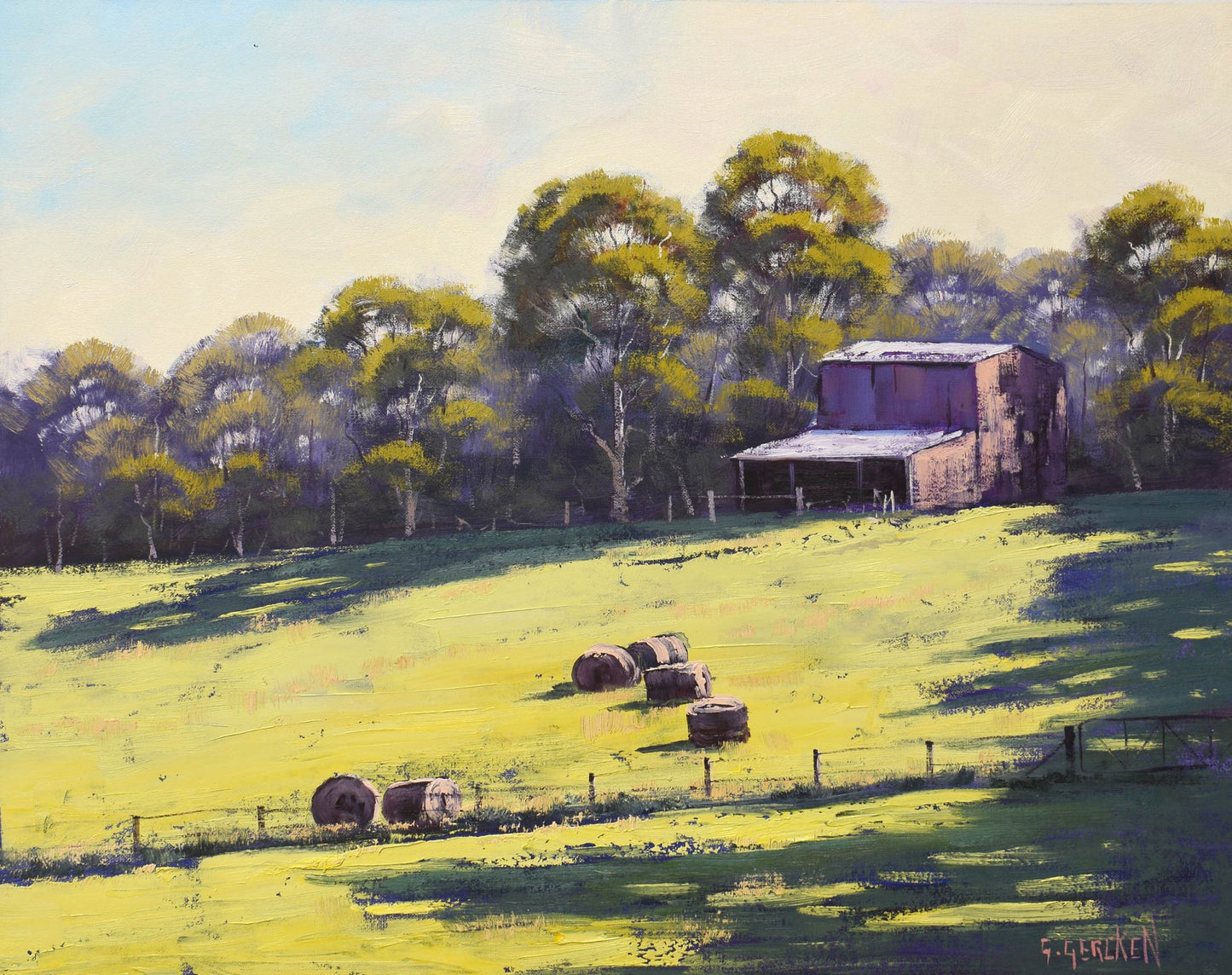 Landscape Painting with Hay shed Hay bales Original oil by Graham Gercken Australian artitst