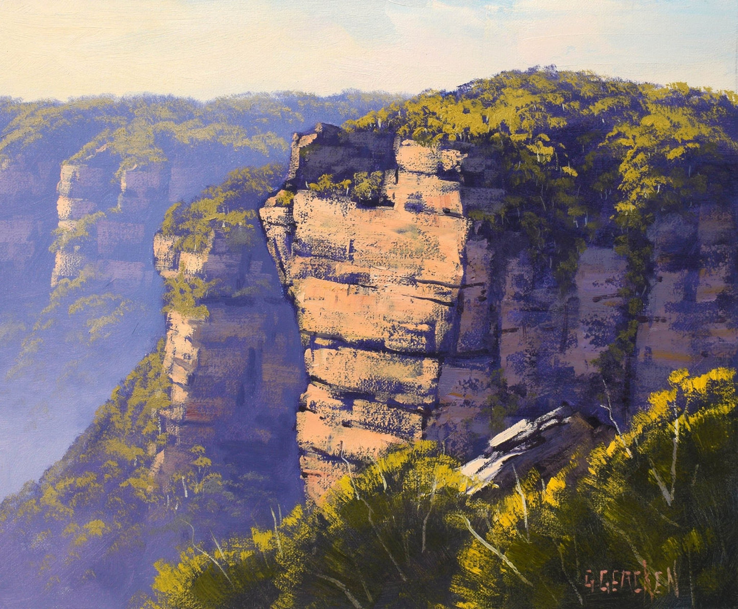 three sisters, blue mountains, grose valley, mountain landscape , morning light, cliffs , Australian painting, katoomba,