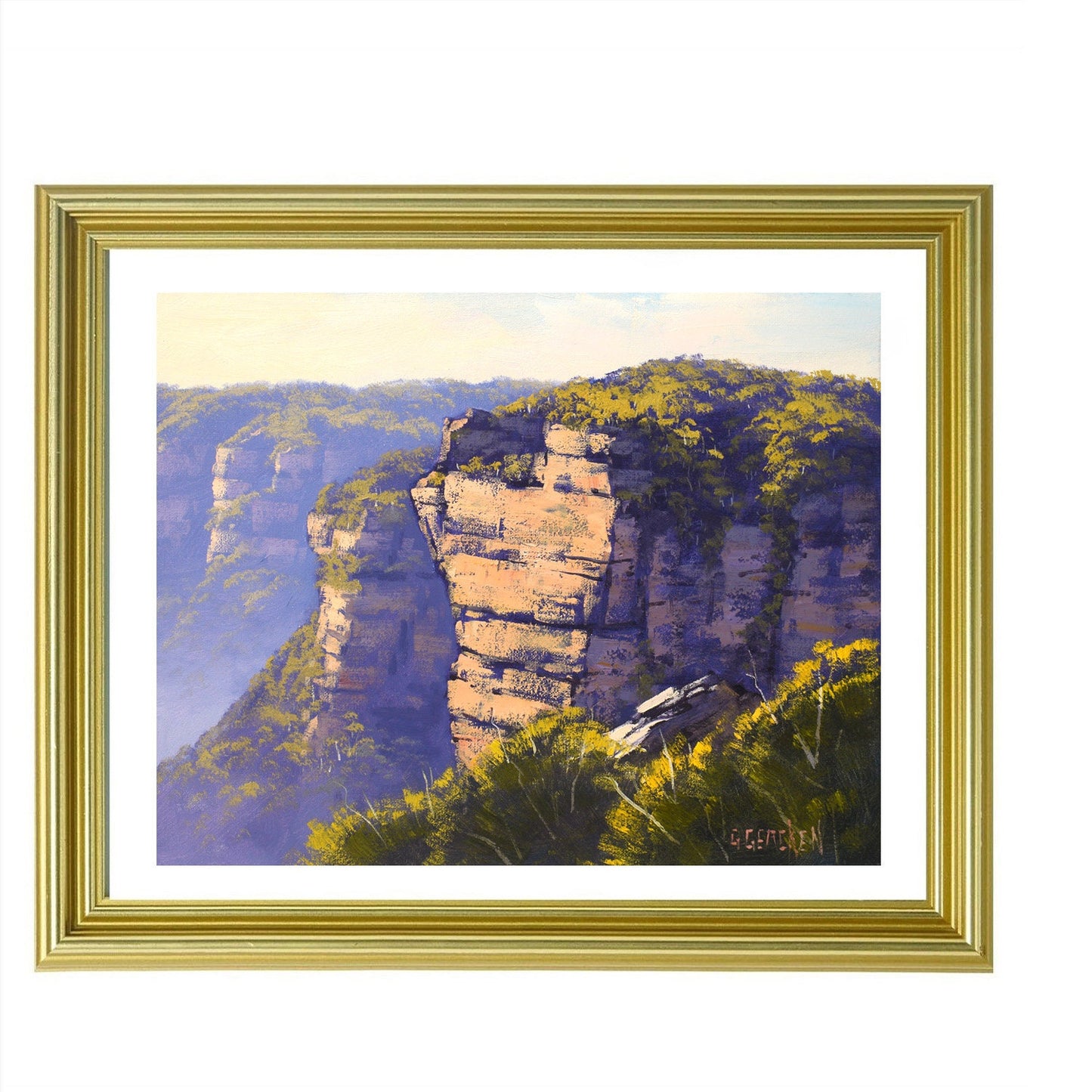 three sisters, blue mountains, grose valley, mountain landscape , morning light, cliffs , Australian painting, katoomba,