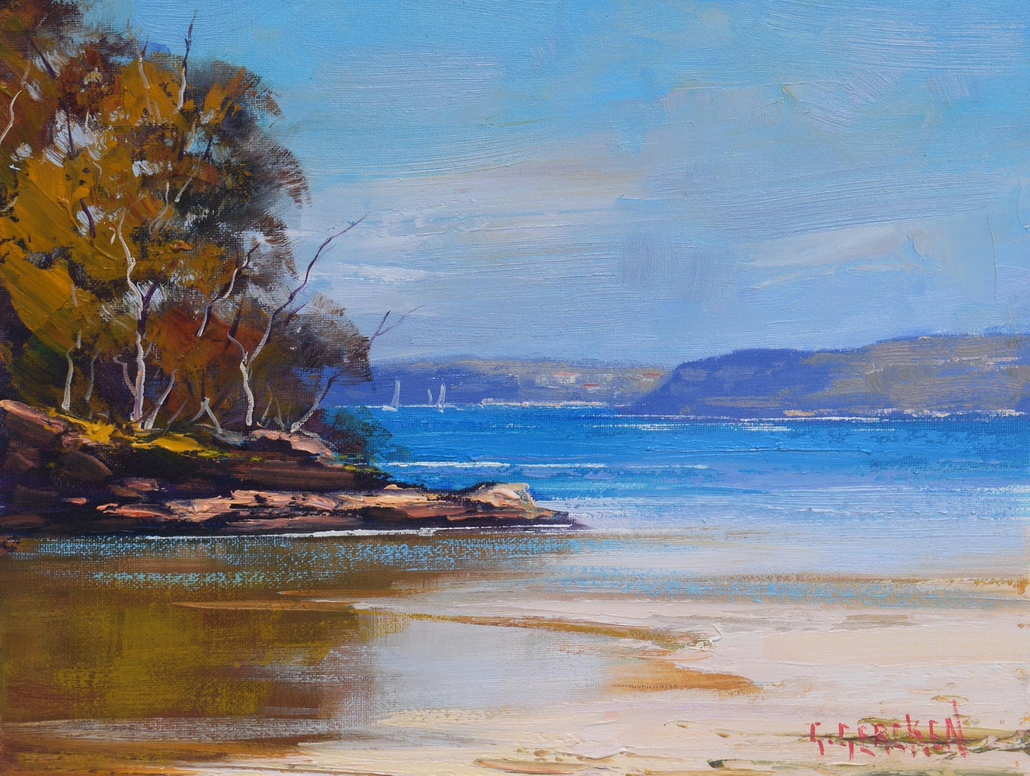 FRAMED ORIGINAL OIL PAINTING BEAUTIFUL EXPRESSIVE SEASCAPE COLLINS BEACH SYDNEY HARBOUR BY GRAHAM GERCKEN