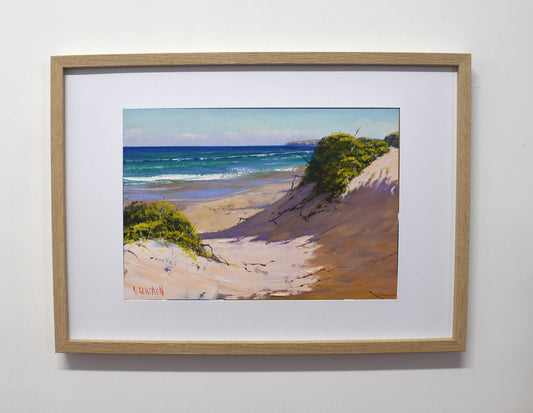Sandy Australian beach dunes original framed oil painting impressionist seascape by Graham Gercken
